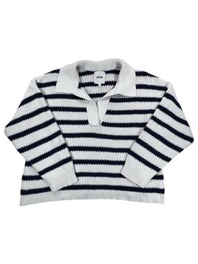 Aerie Open Knit Polo Collar Striped Sweater White Navy Long Sleeve 100% Cotton